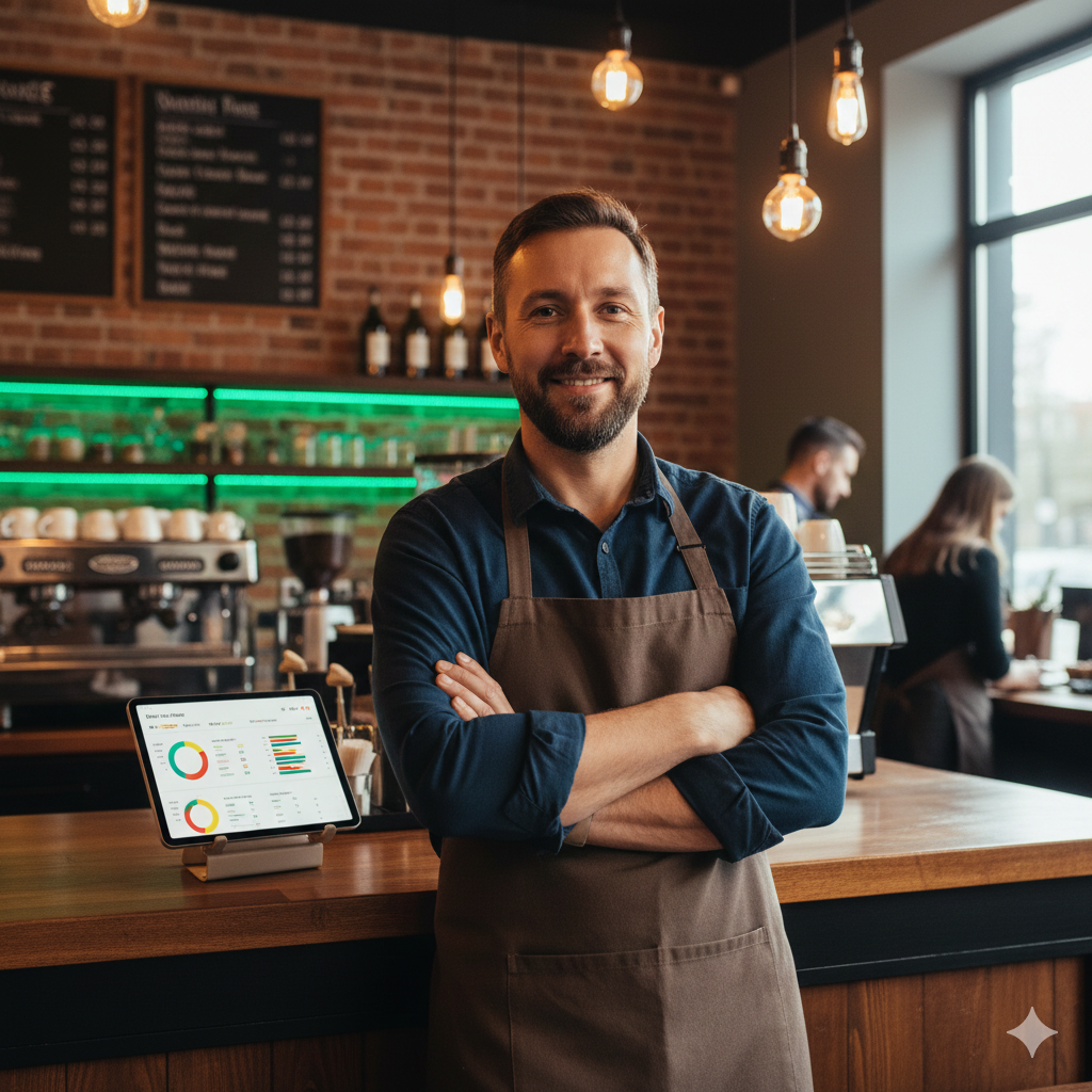 Local business owner using Runwell's AI-powered business solutions